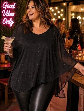 Lily Morgan Plus Size Black Sparkle Sheer Overlay Top | Poncho Style | 2X